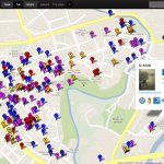 Mapa SightsMap zobrazující body zájmu z různých geosociálních sítí v centru Olomouce.