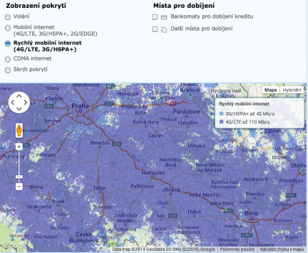 Mapa pokrytí podle O2 - jde o souvislé pokrytí nebo chybu zobrazení? :)