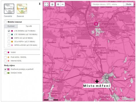 Pokrytí okolí města Pardubice a Chrudim signálem LTE operátora T-Mobile, zdroj (T-Mobile)
