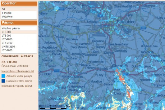 Obr. 3. Pokrytí okolí města Pardubice a Chrudim signálem LTE operátora O2  v pásmu 800 MHz, zdroj (Český telekomunikační úřad)