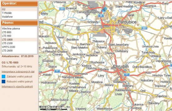 Obr. 4. Pokrytí okolí města Pardubice a Chrudim signálem LTE operátora O2  v pásmu 1 800 MHz, zdroj (Český telekomunikační úřad)